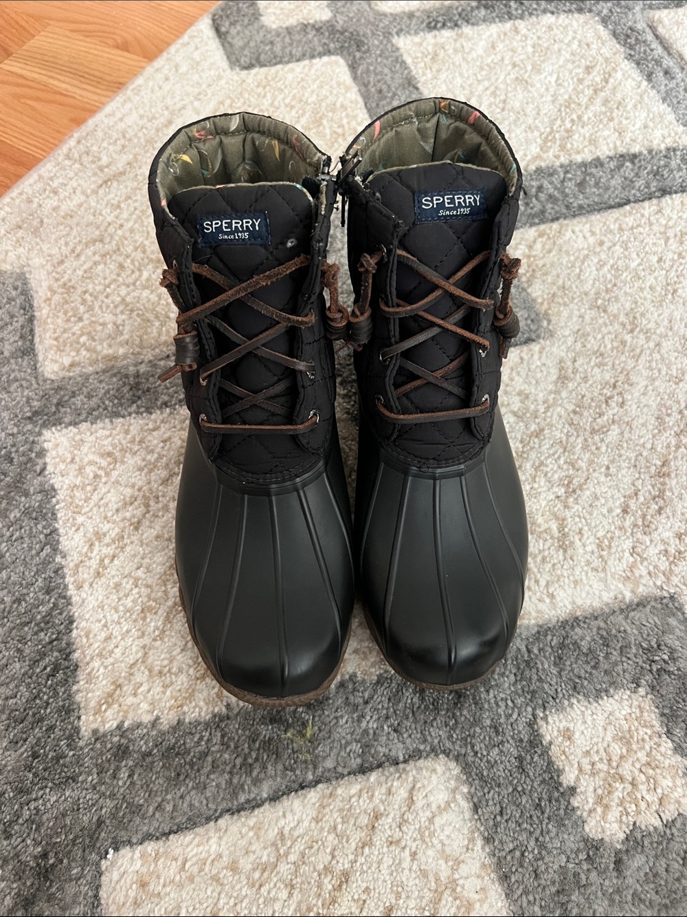 Sperry Black and Brown Quilted Lined Duck Boots
